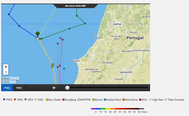 Positions at 0043 on June 8, 2015 showing the inshore and offshore group in the Volvo Ocean Race © PredictWind http://www.predictwind.com